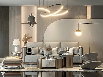 Modern Sofa and Coffee Table Set With Decorative Pillows Marble Top and Lighting 3d model