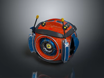 Futuristic Orange Blue Spherical Robot With Yellow Antennae And Central Circular Lens 3d model