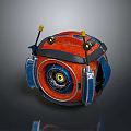 Futuristic Orange Blue Spherical Robot With Yellow Antennae And Central Circular Lens