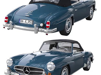 Classic Blue Mercedes-Benz Convertible Featuring Vintage Design Front And Rear Views 3d model