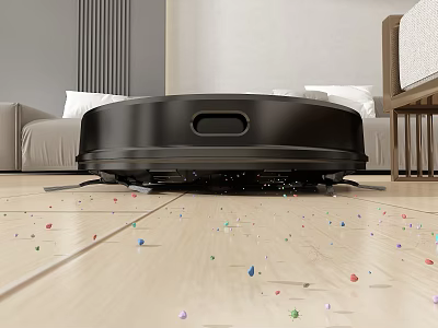 Smart Automatic Robot Vacuum Cleaning Colorful Dust Particles On Wooden Floor 3d model