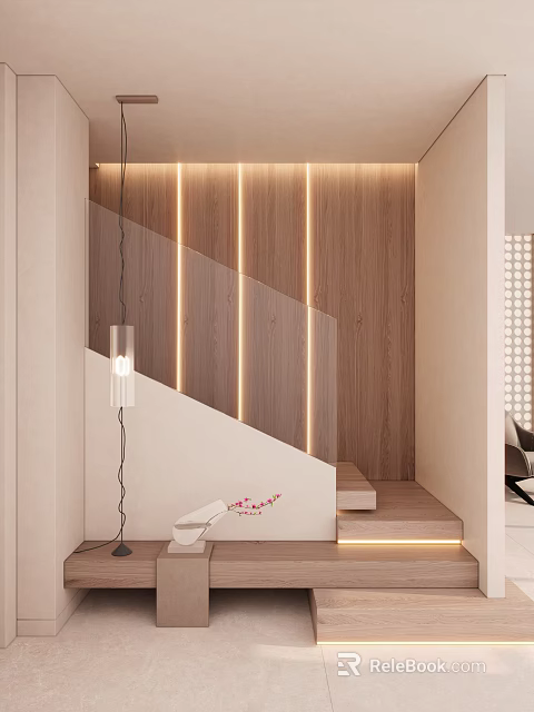 Modern Minimalist Staircase Interior With Wooden Wall Paneling And Illuminated LED Strip Lights 3d model 