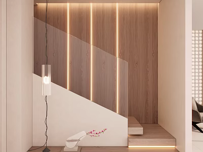 Modern Minimalist Staircase Interior With Wooden Wall Paneling And Illuminated LED Strip Lights 3d model