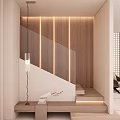 Modern Minimalist Staircase Interior With Wooden Wall Paneling And Illuminated LED Strip Lights