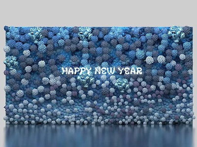 New Year Floral Installation With Blue White Spherical Decorations And Happy New Year Sign 3d model