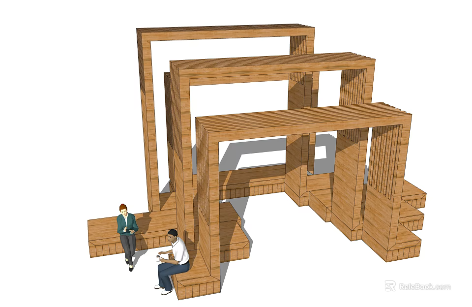 Modern Wooden Pergola With Multi Layered Structure And Seating Area 3d model 