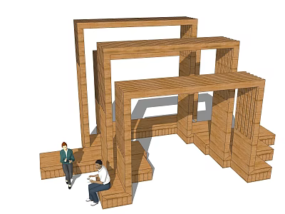 Modern Wooden Pergola With Multi Layered Structure And Seating Area 3d model