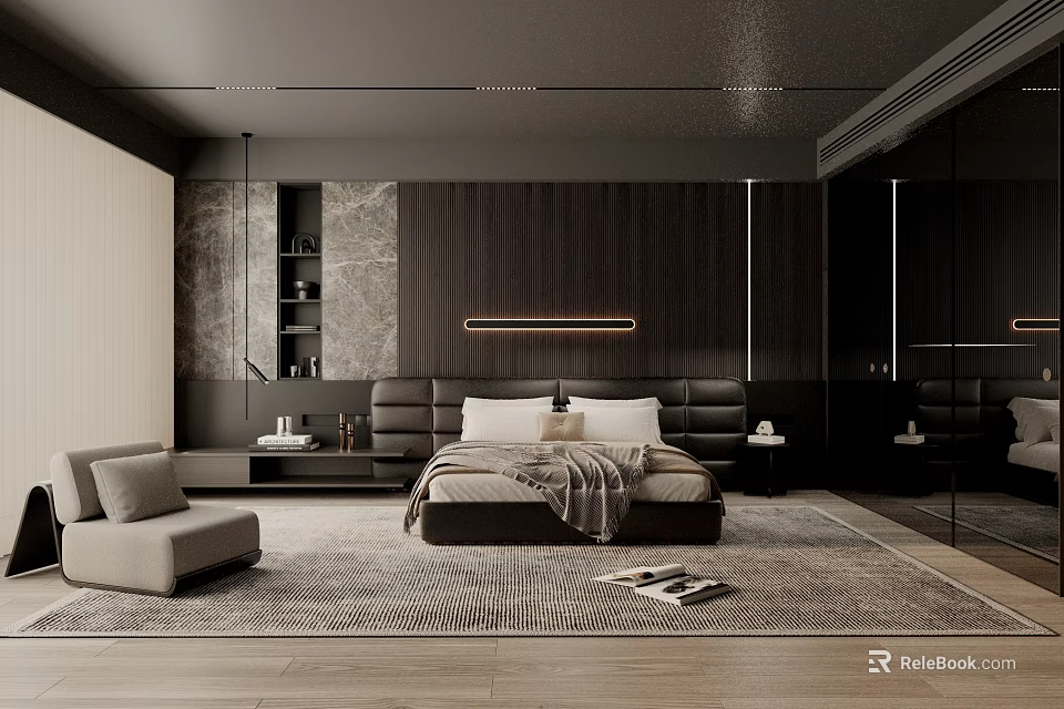 Modern Bedroom Interior Design With Dark Wooden Wall Bedside Tables And Area Rug 3d model 