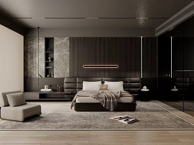 Modern Bedroom Interior Design With Dark Wooden Wall Bedside Tables And Area Rug 3d model
