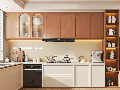 Modern Kitchen Sideboard With Wooden Cabinets LED Lighting Storage And Appliances 3d model