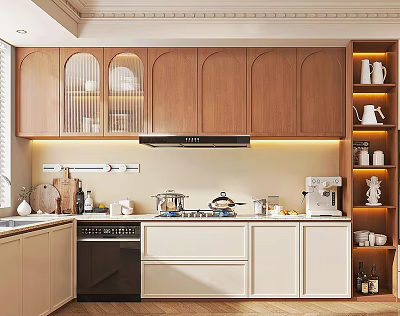 Modern Kitchen Sideboard With Wooden Cabinets LED Lighting Storage And Appliances 3d model