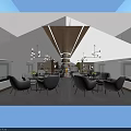 Modern Lounge Area Interior With Wooden Bar Counter High Stools Hanging Lights And Green Plant