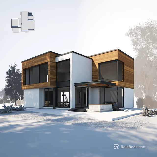 Modern Villa Balcony Design With Wooden White Exterior Large Windows And Landscaped Trees 3d model 