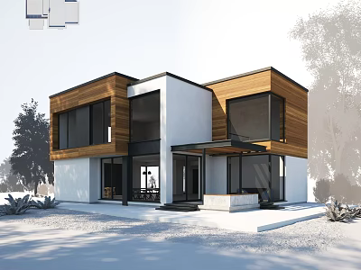 Modern Villa Balcony Design With Wooden White Exterior Large Windows And Landscaped Trees 3d model