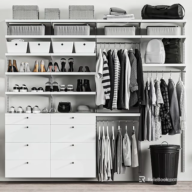 Organized Wardrobe Interior With Hanging Clothes Shoes Storage Boxes Shelves And Drawers 3d model 