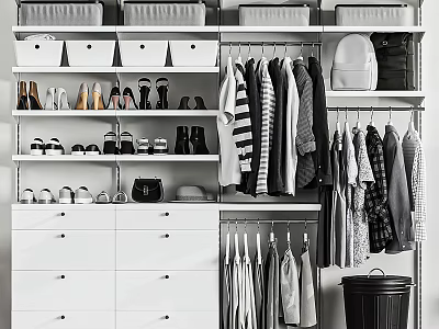 Organized Wardrobe Interior With Hanging Clothes Shoes Storage Boxes Shelves And Drawers 3d model