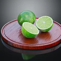 Fresh Whole and Sliced Limes Displayed on a Wooden Tray with Dark Background
