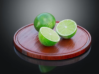 Fresh Whole and Sliced Limes Displayed on a Wooden Tray with Dark Background 3d model