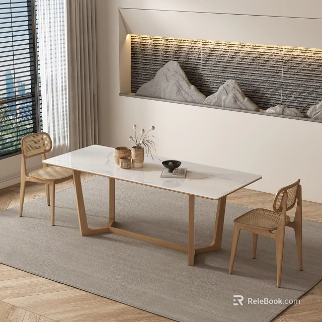 Dining Room Interior With Blinds Curtains Stone Wall Landscape Painting Dining Table Two Chairs Rug 3d model 