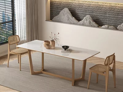 Dining Room Interior With Blinds Curtains Stone Wall Landscape Painting Dining Table Two Chairs Rug 3d model