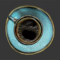Turquoise Ceramic Cup With Brown Rim And Matching Textured Saucer On Black Surface