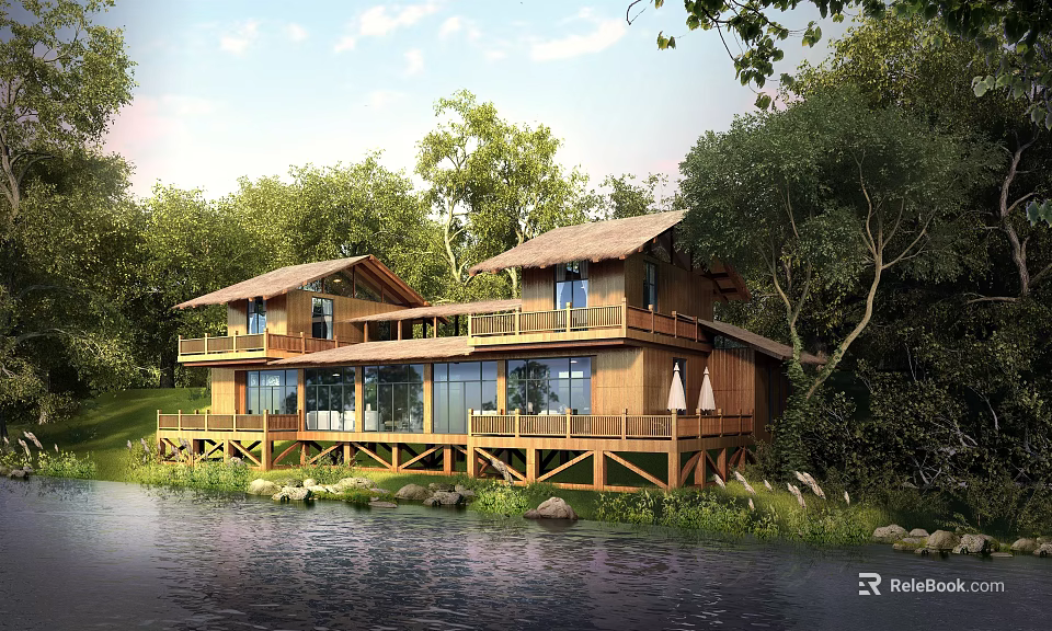 Rustic Two Story Wooden Guesthouse With Riverfront View Large Windows And Forest Surroundings 3d model 