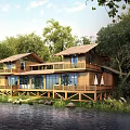 Rustic Two Story Wooden Guesthouse With Riverfront View Large Windows And Forest Surroundings