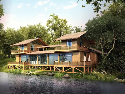Rustic Two Story Wooden Guesthouse With Riverfront View Large Windows And Forest Surroundings 3d model