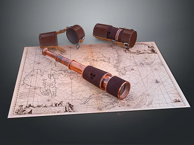 Vintage Business Equipment Including Telescope Binoculars On Detailed Antique Map 3d model