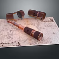 Vintage Business Equipment Including Telescope Binoculars On Detailed Antique Map