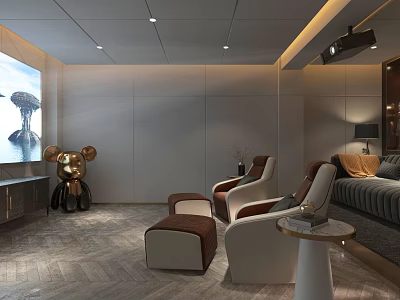 Modern Home Theater Room With Projector Large Screen Comfortable Chairs And Bear Sculpture 3d model