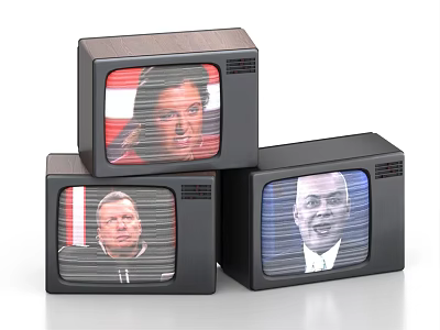 Three Old Fashioned TVs Stacked With People Images On Screens 3d model