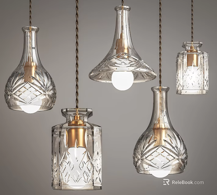 Set of Glass Chandeliers with Decorative Patterns and Brass Accents for Modern Interior Lighting 3d model 