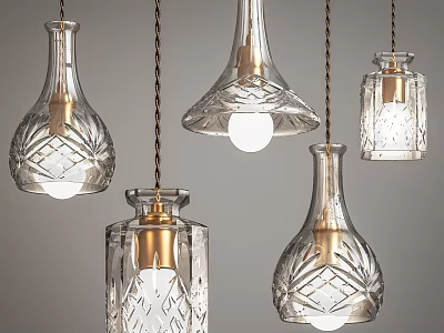 Set of Glass Chandeliers with Decorative Patterns and Brass Accents for Modern Interior Lighting 3d model