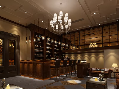 Elegant Luxury Bar Interior With Chandelier Wooden Counter And Wine Racks 3d model