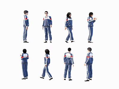 Group of People in Blue White School Uniforms with Various Poses 3d model