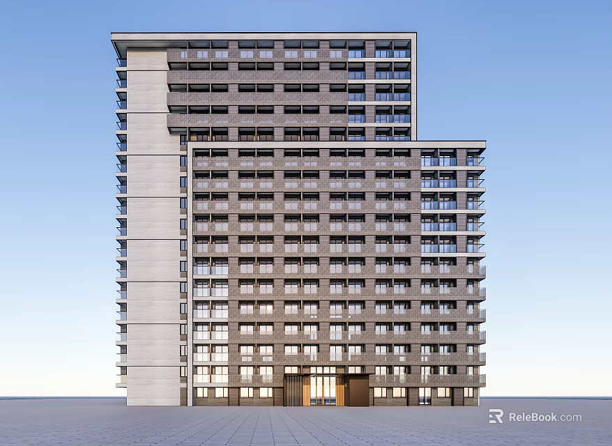 Modern High Rise Apartment Building Exterior With Glass Windows And Balconies 3d model 