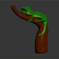 Green Chameleon Perched On Red Branch With Open Mouth And Gray Background