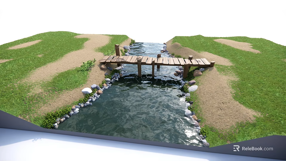 Scenic Wooden Landscape Bridge Over Stream With Grass Sandy Area And Stones 3d model 