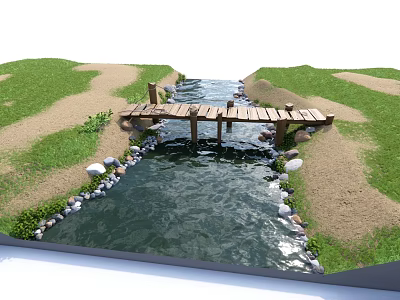 Scenic Wooden Landscape Bridge Over Stream With Grass Sandy Area And Stones 3d model