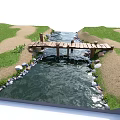 Scenic Wooden Landscape Bridge Over Stream With Grass Sandy Area And Stones