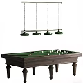 Billiard Table With Wooden Frame Green Felt Surface Balls And Hanging Lights