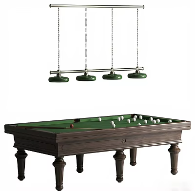 Billiard Table With Wooden Frame Green Felt Surface Balls And Hanging Lights 3d model