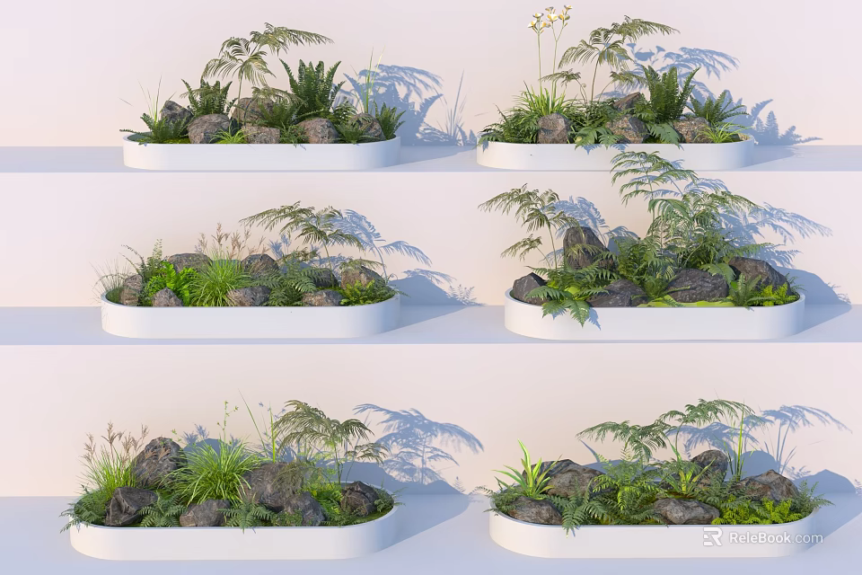 Diverse Plant Combinations In White Oval Planters With Fern Grass Stones On Light Steps 3d model 