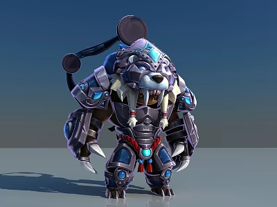 Game Movie Character Bear Shaped Warrior In Mechanical Armor With Blue Gems And Sharp Claws 3d model