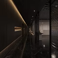 Minimalist Store Front Desk With Metallic Texture Marble Countertop Wooden Backdrop And Lighting Design