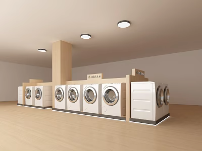 Washing Machines Showroom Interior With Wooden Display Shelves And Ceiling Lights Arranged 3d model