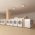 Washing Machines Showroom Interior With Wooden Display Shelves And Ceiling Lights Arranged