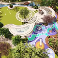 Garden Landscape With Winding Pathways Water Features Lush Trees Green Lawns And Artistic Structures