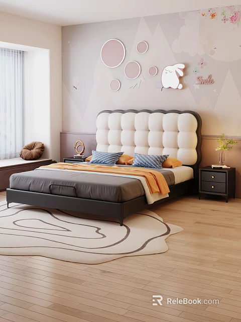 Kids Bed with White Tufted Headboard Black Frame Blue Orange Pillows Blanket and Wall Decor 3d model 